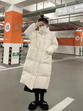 Standing Collar Long White Duck Down Down Jacket Female 2024 Winter New Thick Large Pocket Over The Knee Loose Warm Coat-Outfit