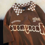 flocking embroidery plaid polo shirt short-sleeved t-shirt women summer new Korean version loose y2k top polo shirt