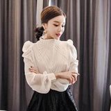Stand Collar Puff Sleeve Women Shirts Elegant Office Lady White Chiffon Blouse Casual Tops Fashion Blusa