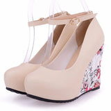 Sgesvier large Sizes 34-43 Wedges High Heels Party wedding Pumps shoe Flower Print Platform Ankle-Strap Women Shoes Woman