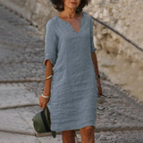 Cotton Linen Small V-neck Stitching Retro Basic Model Solid Color Three-quarter Sleeve