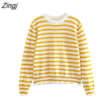 Women Fashion Color Matching Yellow Striped Print Knitting Sweater Female Basic Long Sleeve Chic Leisure Tops