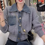 Zingj And Winter Women's Clothes Fake Two POLO Collar Short Jacket Denim Shirt Collar Stitching Knit Cardigan Sweater Coat-Outfit