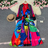 Zingj Luxury Retro French Round Collar Lantern Long Sleeve Print Dress Women's Belt With Loose Waist Show Thin Pleated