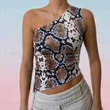 Vintage Chinese Style Print Crop Top Asymmetric Slim Fit One Shoulder Vests E-girl Aesthetic Fashion Women Summer Tank