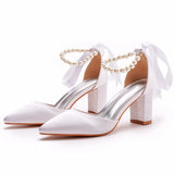 Cm Thick Heel Pointed Sandals With Shallow Female Sandals White Beaded Satin Cloth Bride High Heels Large