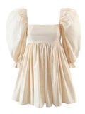 2022 Fashion Women Retro Beige Cotton Ball Gown Dress Elegant Ladies Puff Sleeve Party Mini Dresses Fairy Short