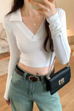 Style Spice Girl Polo Waist Long-Sleeved T-Shirt Women's Early Autumn New Bottomed Shirt White