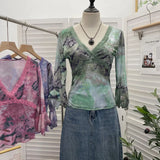 Picts Picts Retro Tie-Dye-Print Yarn Lace V-Neck Low-Breast Horn Sleeves Short Thin T-Shirt Top