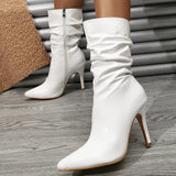 Zingj Head High Heel Ankle Boots Fashion White Thin Heel Pleated Short Leg Boots Pointed Head Show Slim British Style Ankle Boots Woman-Outfit