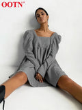 Black White Plaid Female Autumn Casual Mini Dress Puff Sleeve Square Neck Elegant Ladies Vintage A Line Women