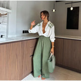 Coconut Tree Printed White Shirt Women Fashion Loose Lapel V Neck Long Sleeve Blouse 2024 New Office Lady Commuting