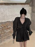 Sunscreen Suits OL Shirts Women Long Puff Sleeve New 2022 Summer Solid Close Waist Fashion Sexy Wide Leg Shorts