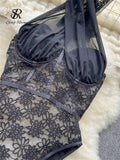 Women Halter Floral Embroidery Bodysuits French Style Lace Slim Playsuits Streetwear Backless Transparent Sexy