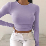 O-Neck Long Sleeve Bodycon Cropped Tops Autumn 2020 Women Irregular Drawstring Bandage Knitted Solid
