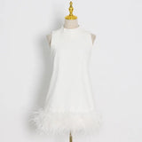 Zingj Design Sense Solid Color A-Line Skirt 2024 Spring Round Collar Sleeveless Hem Ostrich Hair Decoration Loose