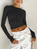 Women T-shirt Long Sleeve Crew Neck Solid Slim Fit Ladies Crop Top with Thumb Holes for Daily Streetwear Summer