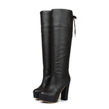 Autumn Women Platform Knee High Boots Square High Heel Lacing Fashion Boots Winter Ladies Shoes Black