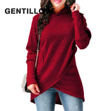 Casual Women Solid Hoodies Autumn Irregular Hoodies Vintage pockets Hooded Sweatshirts Pullover Overized