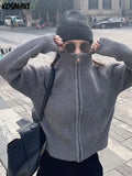 Aesthetic Harajuku Cardigan Mujer Kardigan Turtleneck Streetwear Grey Crop Tops Zipper 2024 Autumn All Match Solid