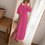 Women Fashion V-Neck Solid Draped Maxi Dress Elegant Lace-Up Slim Waist Split Dresses Summer Puff Short Sleeve Loose Long