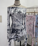 Purely Want A Word Shoulder Ink Print Tie-Dye Mesh Long-Sleeved Shirt Irregular Lotus Leaf Side Top