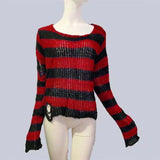 Gothic Long Unisex Sweater Summer Women Striped Cool Hollow Out Hole Broken Jumper Loose Rock Thin Dark Streetwear