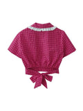 Plaid Shirt Kawaii Peter Pan Collar Preppy Style Women's Blouses Sweet Short Sleeve Bow Tops 2023 Summer Fashion