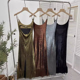 Real Shooting 鎏金带 Dress Bare Back Repair Behind The Opening Fork Long Bag Over The Knee Dress
