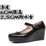 Leather Stone Slope Heel Single Shoe Round Head Light Mouth Work Shoes Thick-Soled Waterproof Table Model Show High Heels
