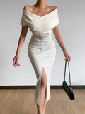Women Off Shoulder Slim Evening Dress Solid Sexy Sleeveless Bodycon Bag Hip Dress Elegant Waist Summer Split Lady