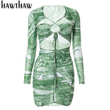 Women Sexy Autumn Long Sleeve Printed Mesh See Through Bodycon Party Green Mini Dress 2021 Fall Clothes Wholesale