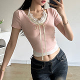 Sweet Spice Girl Lace Splicing Collision Color Fake Two Lace-Up Short-Sleeved T-Shirts Sweet Jackets For