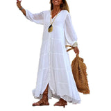 Spot 2025 Women's Summer And Autumn Bohemia Pure Color V-Neck Loose Long-Sleeved Cotton Linen