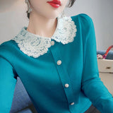 Winter Lace Patchwork Doll Collar Sweet Knitting Cardigan Lady Elegant Fashion All-match Buttons Sweater Top Women