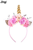 New 2023 Women Kids Party Gold/Silver Unicorn Horn Headband Flower Horn Girls Headwear Birthday Hairband Hair