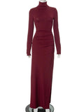 Turtleneck Long Sleeve Draped Slit Maxi Dress- Outfit