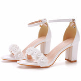 Cm Round Head With Thick Heel And Shallow Mouth With Sandals Beaded Flowers Wedding Dress Shoot High Heels