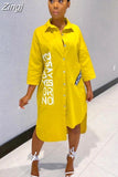 Spring Autumn Fashion Yellow Print A-Line Dress Casual Cute Women Beading Shirt Dresses Long Sleeve Big Size