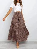 Queens Vintage Women Leopard Print Elastic Waist Beach Bohemian Skirt Ladies Rayon Cotton Maxi A-Line Pleated Boho