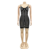 Sexy New Crystal Rhinestone Sheer Bodycon Dress Women Strap Hem Diamond Tassel Night Clubwear Mini