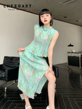 Pleats Summer Long Skirts Womens 2022 Green Floral Side Slit High Waist Ladies Skirt Vacation Outfits For Women