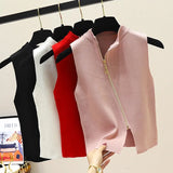 Summer Spring zipper Knit Tank Top Cami Korean Camisole Elastic Vest O Neck Solid Color New Slim Breathable Tops