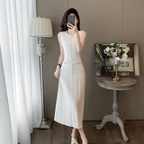Elegant Sleeveless Round-Necked Pearl Knitted Long Dress Summer New High-End Simple