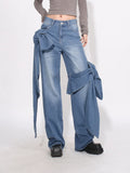 Vintage Old Leisure Trousers 2025 New Niche Splicing Bow Design High-Waist Straight Jeans Female
