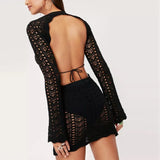 Long Sleeve Backless Knit Dress Summer Sexy Blue Y2k Mini Hollow Out 2022 Women Bodycon Club Beach Party