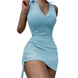 Fashion Sport Casual Lapel Drawstring Sheath Dress Summer Simple Sexy Women Sleeveless Solid Color Bodycon Mini
