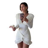 Summer New Women's Temperament Sexy Pure Color V To Receive Pocketed Folded Long-Sleeved