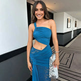 Sheer Draped One Shoulder Cut Out Maxi Dress- Outfit
