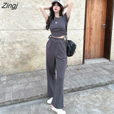 Women Crop T-shirts Short Sleeve Letter Wide Leg Pants Fashion Chic Ulzzang Summer Thin Streetwear Harajuku Girls